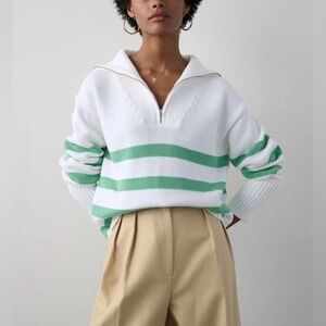 White + Warren Organic Cotton Striped Quarter Zip Knit Sweater Green White Sz S